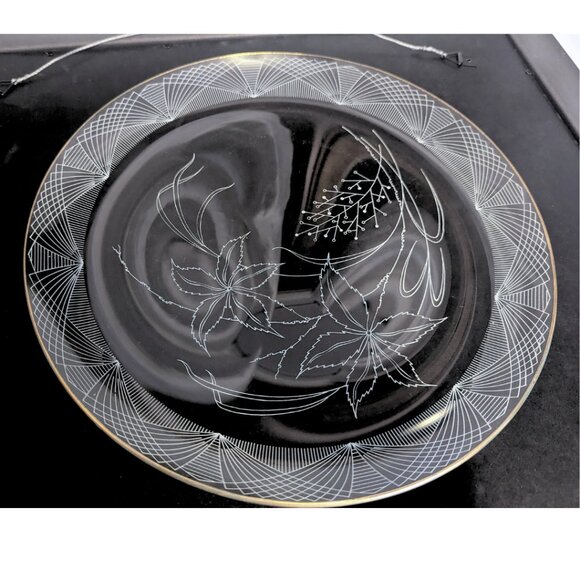 Vintage 50s Heye Filigran Glass Serving Dish Plate Platter Floral Gold Rim 12.5" - Picture 2 of 9